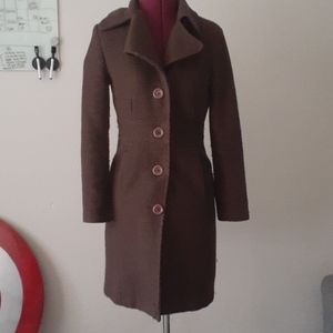 Long Brown Textured Down Coat with Ppckets
